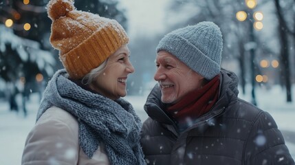 Happy senior couple walking in winter park composition background