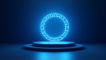 Poster - A sleek podium features a bright blue LED ring and an empty stage for a vibrant Black Friday sale promotion display.