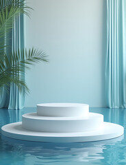 Aufkleber - A water background supports a podium and product display stand with an abstract platform for modern exhibitions.