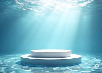 Poster - A water background supports a podium and product display stand with an abstract platform for modern exhibitions.