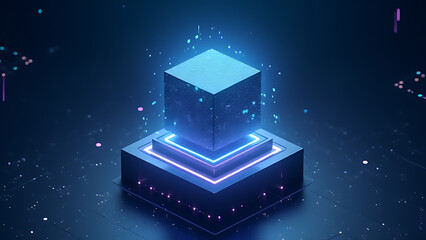 Poster - AI cube floats on futuristic podium with glowing growth paths and ample space for tech presentations and business ideas.