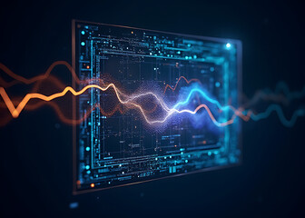 Poster - AI neural network displays holographic growth patterns within a detailed border frame for presentations on tech expertise.
