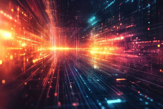 Dynamic visualization of digital data flow illuminated by colorful light patterns at night