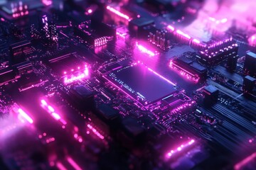 Poster - Close-up of a vibrant pink-lit circuit board showcasing advanced technology and design