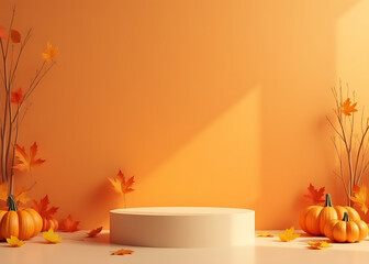 Aufkleber - Autumn podium mockup displays product design elements in orange on a minimalist stage with pumpkin and leaf decorations surrounding it.