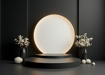 Poster - Black and gold minimalist podium features a white circle and white flowers on its simple elegant design backdrop.