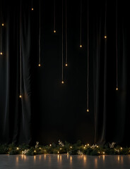 Poster - Black luxury setup with string lights and a garland on the floor for a sleek minimalist product showcase stage display.