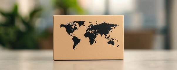 A simple cardboard box displaying a black world map design, symbolizing global connections and delivery services, set against a blurred indoor background.