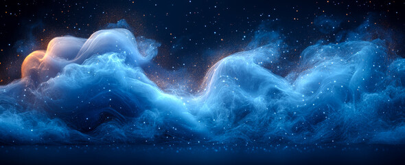 Wall Mural - a blue sky with a cloud that is orange. the sky is filled with stars and the clouds are white