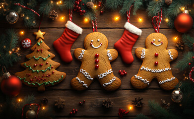 Three gingerbread men are standing next to a Christmas tree and two red stockings. The gingerbread men are smiling and the tree is decorated with green and red ornaments