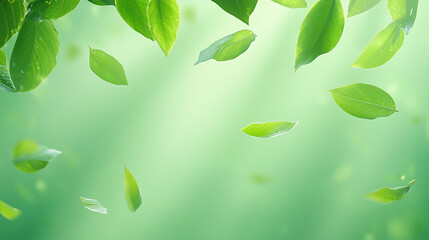 Wall Mural - gentle green leaves falling softly in a sunlit forest during a peaceful afternoon