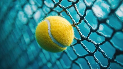 A bright yellow tennis ball suspended in a net against a blue background