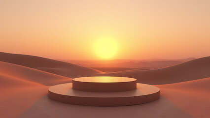 Poster - Desert landscape features minimalist podium for product display at sunset hours.