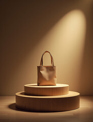 Poster - Display product on a wooden podium with added light and shadow effects for visual impact.