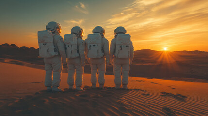 Two astronauts in white space suits standing on the sand dunes of Mars, looking at distant mountains. The photography has a cinematic style