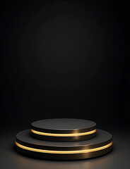 Poster - Elegant podium features circular design with gold accents on a dark background surface.