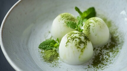 Green tea mochi ice cream, isolated on a white ceramic dish, garnished with fresh mint leaves and a sprinkle of matcha powder