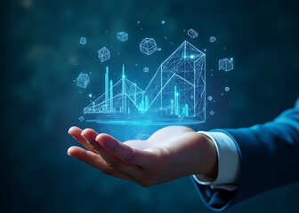Poster - Floating holographic skills enhance digital expertise in stock photo ads with futuristic growth icons.