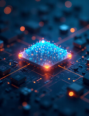 Poster - Future pod features glowing growth elements on a futuristic floating circuit in a photo stock concept for business and tech visuals.