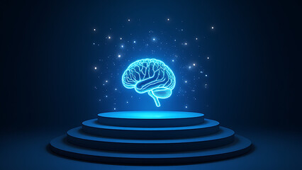 Poster - Glowing AI brain surrounds podium with ample copy space for tech and business presentations in photo stock concept.