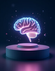 Poster - Glowing holographic AI brain icons on futuristic podiums ideal for tech and business concepts in photo stock.
