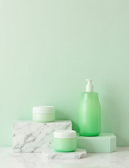 Poster - Green and white containers on marble display elegant, minimalist cosmetic packaging with ample copy space.