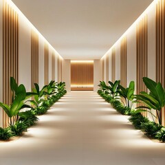 Minimalist spa lobby with soft lighting and indoor greenery, modern relaxation