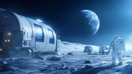 Wall Mural - astronauts exploring the lunar surface with a habitat module and earth visible in the background