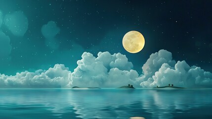 Wall Mural - a full moon painting in the night sky over a tranquil lake with a distant island