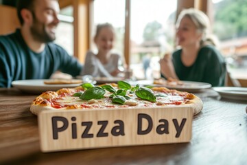 Family enjoys a special Pizza Day meal at a cozy restaurant with fresh basil toppings and cheerful conversations