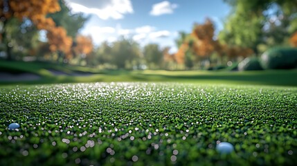 Close up of green putting green with two golf balls on the green grass.