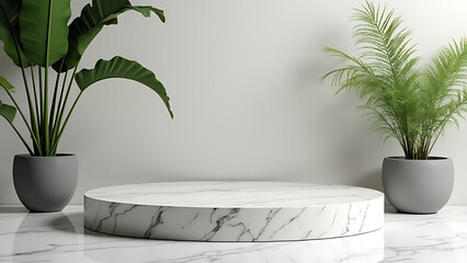 Poster - Marble podium features palm leaf design perfect for modern interiors and product photography styling.