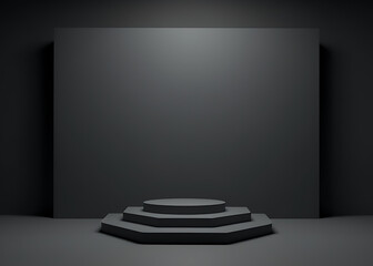 Poster - Minimal dark gray stage features 3D backdrop, pedestal, and geometric platform for showcasing products in a visually appealing way always.