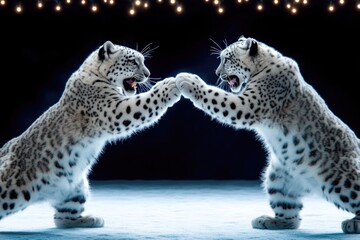 two snow leopards playfully engaging under string lights in winter wonderland