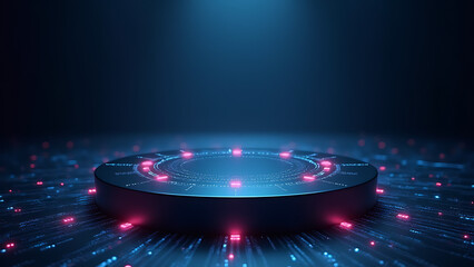Poster - Minimalist podium displays AI circuit with glowing data streams and growth patterns for tech presentations and stock photo use.