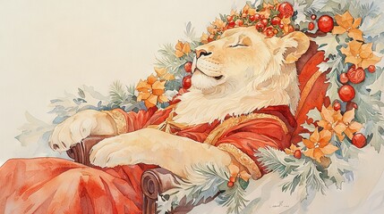   A lion resting on a chair with a floral wreath surrounding its neck and eyes