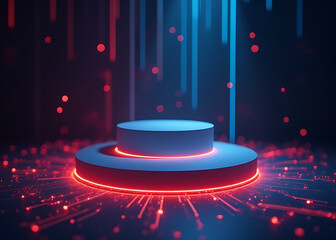 Poster - Minimalist podium displays AI circuit with glowing data streams and growth patterns for tech presentations and stock photo use.