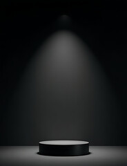 Poster - Minimalist stage setup includes low podium and dark backdrop for product display with copy space.
