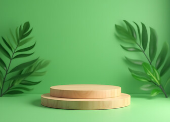 Aufkleber - Mocking up a 3D wooden podium display on a green background with a leaf shadow and cosmetics product promotion area nearby exists.