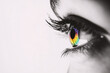 © Nazlykhan - Close-up of eye with vibrant rainbow iris against a minimalist white background