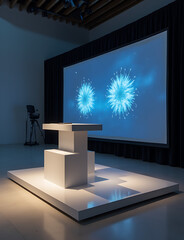 Poster - Modern floating podium showcases sleek design for tech presentations with projected data.