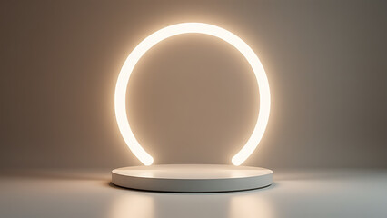 Poster - Modern pedestal design featuring a glowing ring arc on a levitating podium for fashion product presentation and trendy display.