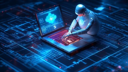 The concept of artificial intelligence AI. Technology for working with an intelligent brain computer. Robot human working at laptop. Maintenance engineer working digital display. Robot programming.