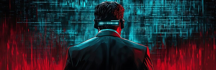 Corporate Hacker sitting at a desk with a laptop in front of him Cyberpunk illustration of business man in suit and glasses digital code background vector art red blue colors Glitching Data Background