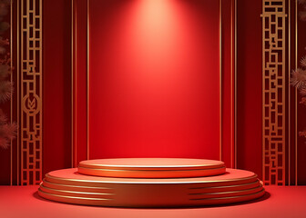 Poster - Oriental red gold display stand features geometric abstract design for luxury lunar new year podium.