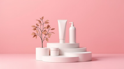 Aufkleber - Pink background showcases cosmetic products on a tree podium display in a beauty product presentation mockup style.