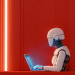 © ChaoticDesignStudio - Robot working on a laptop in a modern red workspace with neon lighting during the evening