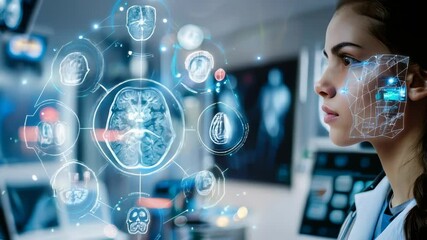Poster - cutting-edge medical technology: female scientist analyzing neural data with advanced brain scanning