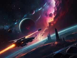 space station in the night, sci-fi scene, mountainous landscape of an alien planet. multiple moons d