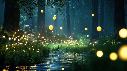 Poster - a forest glows with golden lights overhead, next to a river surrounded by greenery